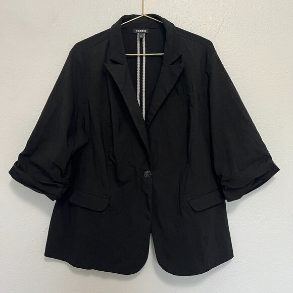 COPY - Torrid Black Ruched Sleeves Cut Away Fit Blazer Women’s Size 3 - Picture 1 of 7